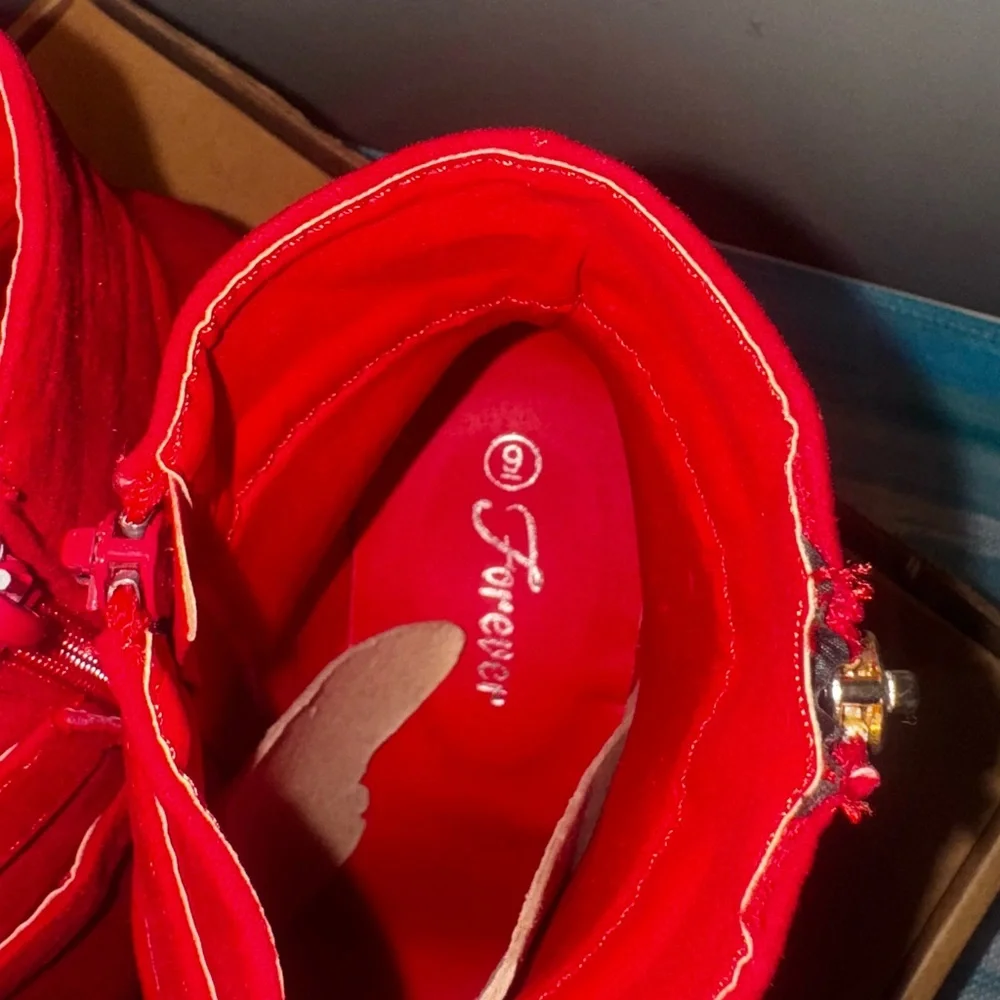 Forever Red Ankle Boots with Gold Accents - Picture 6 of 7